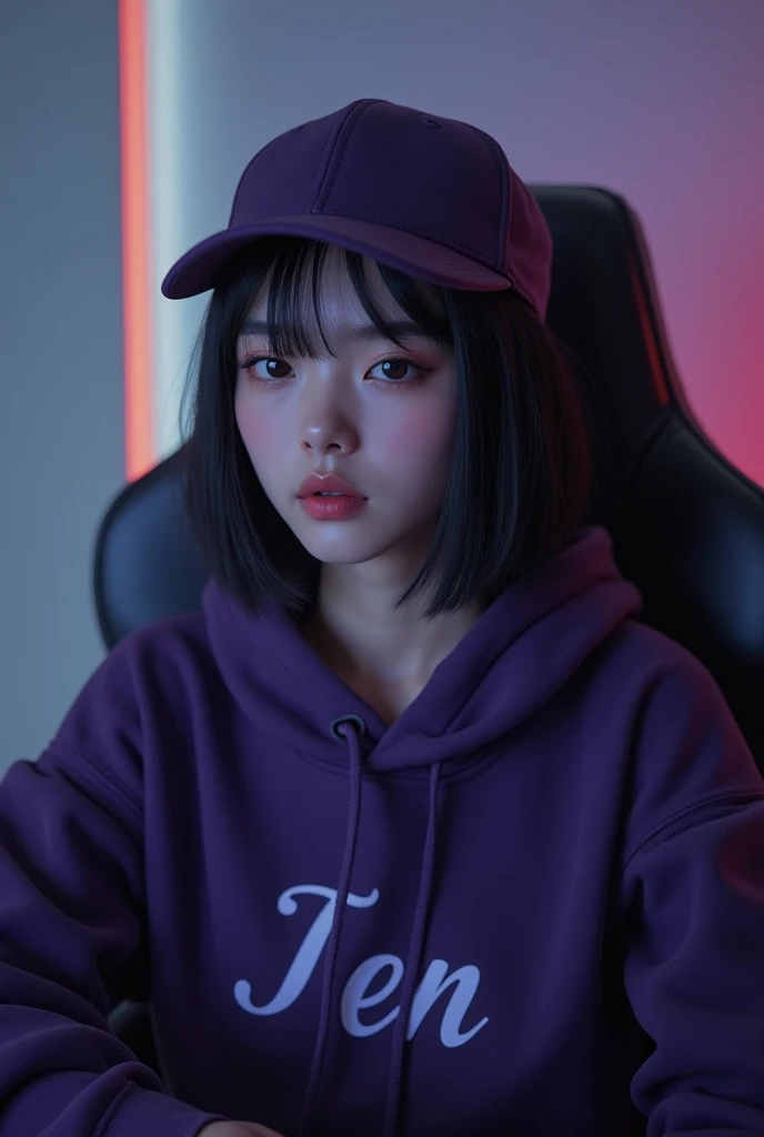 A beautiful Korean woman sitting on a gaming chair wearing a dark purple polite hoddie while wearing a ball cap with a name on the hoddie " Ten "