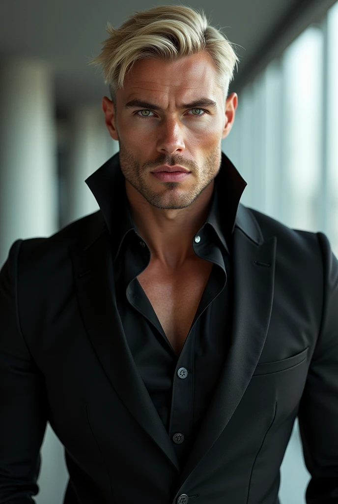 fot, masculine perfection, strong chin, fleshy lips, roman nose, short blonde hair, hazel eyes, hyperrealisti, 8k-v4 . Modern fashion haute couture futuristic fashion. Modern black clothing