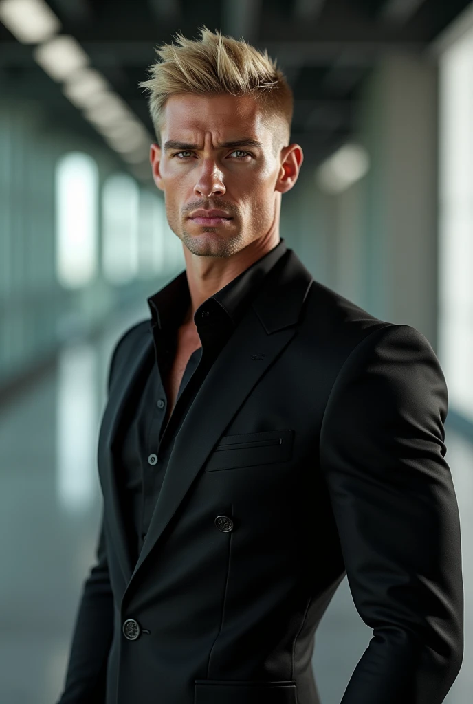 fot, masculine perfection, strong chin, fleshy lips, roman nose, short blonde hair, hazel eyes, hyperrealisti, 8k-v4 . Modern fashion haute couture futuristic fashion. Modern black clothing