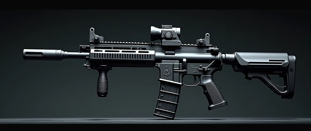 A highly detailed, photorealistic, 8K photograph of a custom-modified modern G36 assault rifle, black-colored, studio lighting, hyperrealistic, masterful lighting and shading, cinematic composition, intricate textures, premium quality