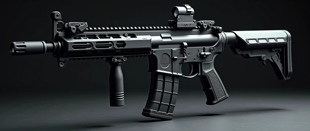 A highly detailed, photorealistic, 8K photograph of a custom-modified modern G36 assault rifle, black-colored, studio lighting, hyperrealistic, masterful lighting and shading, cinematic composition, intricate textures, premium quality