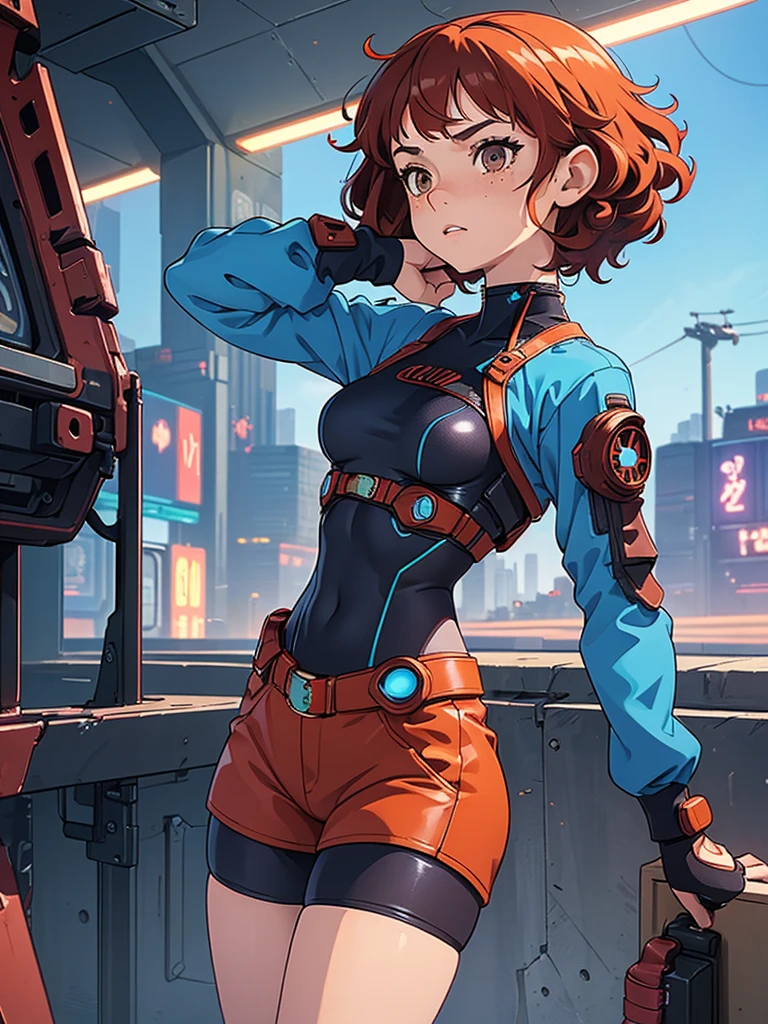 (masterpiece), (best quality),(1 girl),adult, red copper hair,(brown eyes),curly hair,(short curly hair), anime style, freckles, (small breasts),(petite figure), (blue outfit),(cyberpunk clothes)),(battle outfit),(badass outfit),legs, desert background