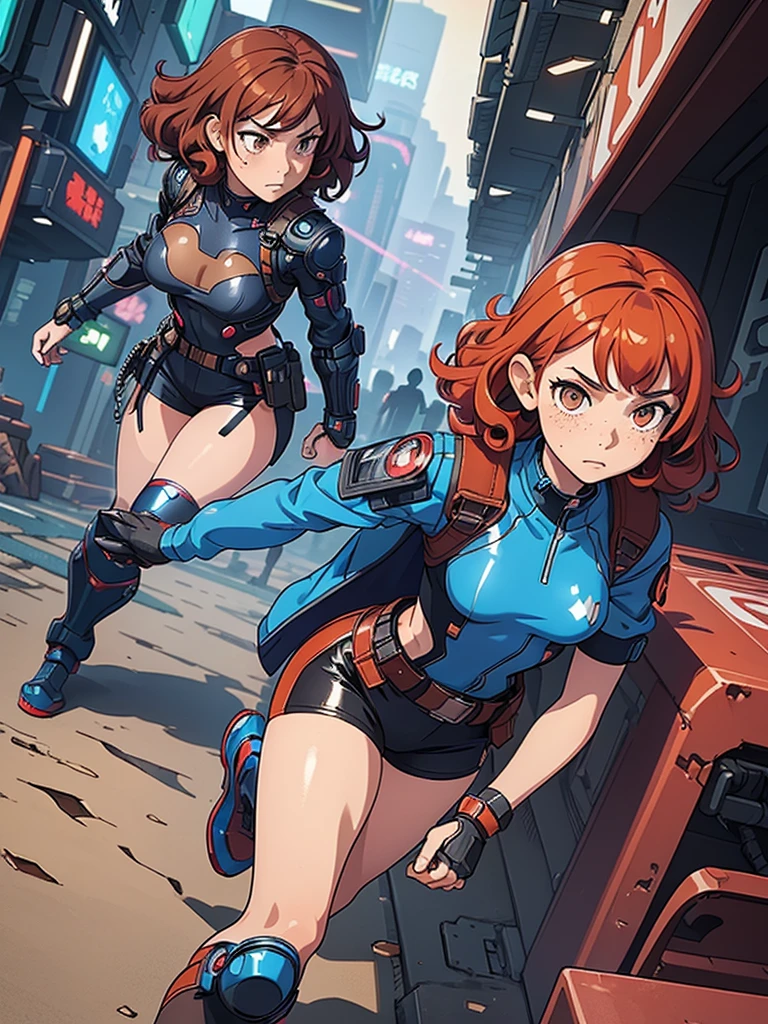 (masterpiece), (best quality),(1 girl),adult, red copper hair,(brown eyes),curly hair,(short curly hair), anime style, freckles, (small breasts),(petite figure), (blue outfit),(cyberpunk clothes)),(battle outfit),(badass outfit),legs, desert background