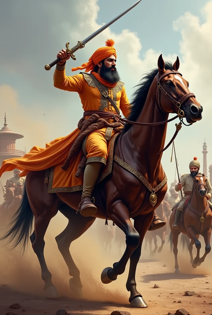Create a sikh person wearing dumala , holding a sword & having a nice body and sitting on a horse fighting with Mughals.