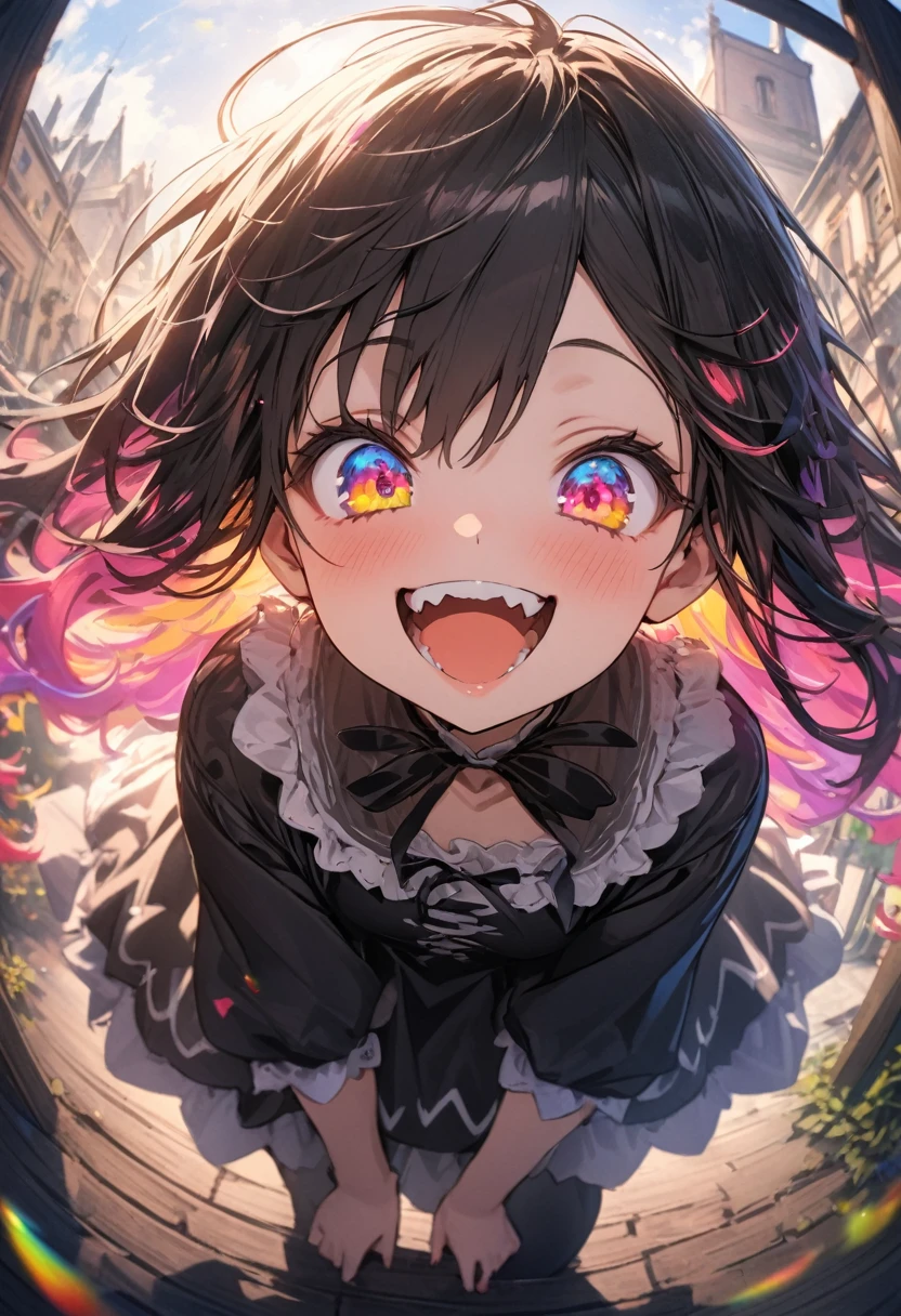 ((Masterpiece)), ((best quality)), (super detail:1.2),(High Definition:1.3), (Professional Photography:1.2), (very aesthetic:1.2), (absurdres:1.2), (fisheye), cinematic lighting, (sharp focus), (perfect light), (()), cute young Girl, fluffy hair, colorful hair, long hair, big eyes, (long eyelashes), ((baggy eyes)), colorful eyes, round eyes, (naughty smile), open mouth, jagged teeth, joy, pop, cute, Colorful, (happy pose), (colorful:1.3), gothic makeup, ((obscurity atmosphere)), (on the Midsummer Cafe Terrace),