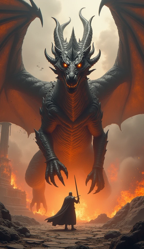 a towering majestic dragon emerging from a swirling inferno, massive wings unfurled, scales shimmering in dark earthy hues, fiery eyes blazing with intensity, powerful clawed limbs, lone figure in silver armor holding sword aloft, smoke and embers, cracked smoldering ground, ancient ruined temple in background, epic scale, dramatic confrontation