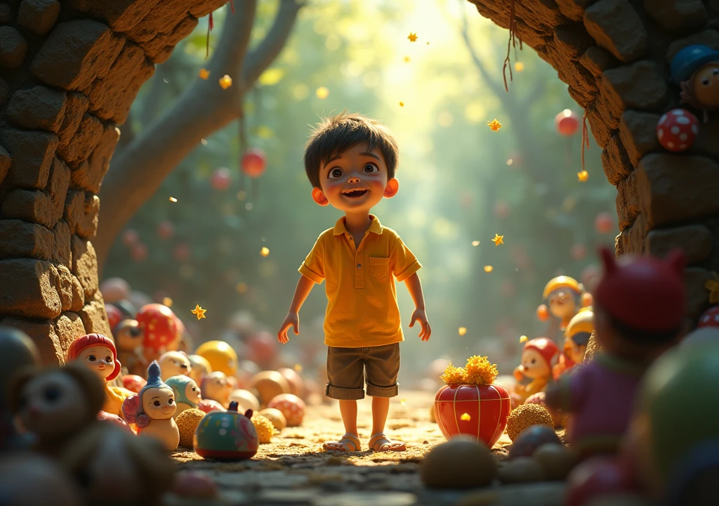 a boy in a yellow blouse coming out of a well with bright lights, in the background of the image there are toys scattered inside the well, focus all the light on the boy and make the scene dramatic. Disney pixar style