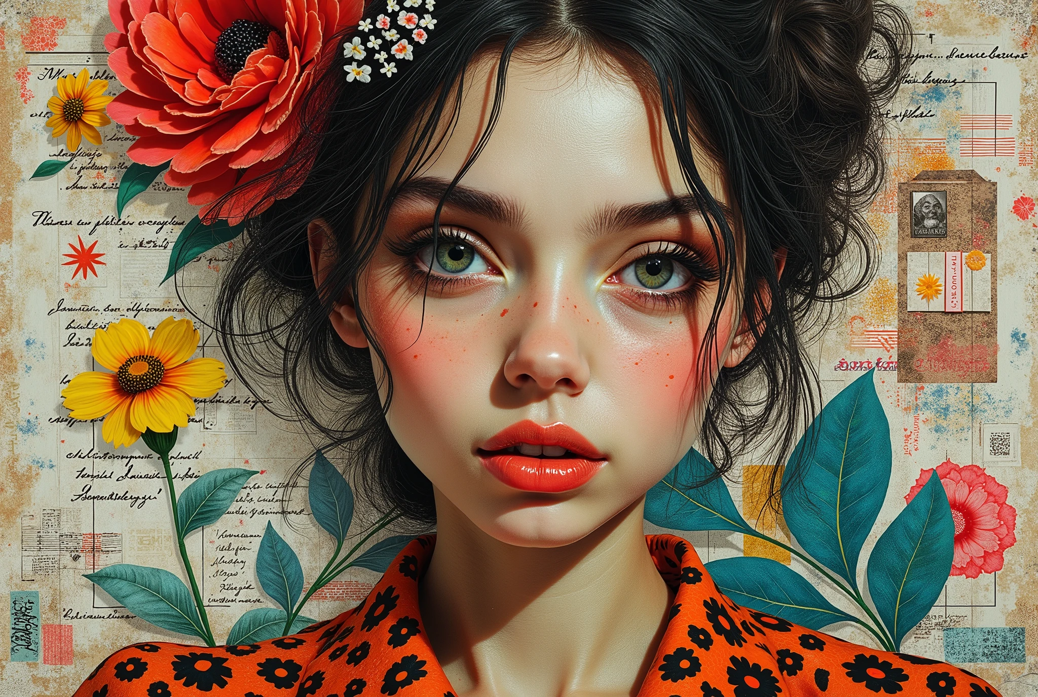 A striking contemporary artwork depicting a woman's face, intricately collaged with vibrant patterns and motifs. The woman's intense gaze captivates the viewer, and her detailed features are a testament to the artist's masterful touch. The background is a chaotic mix of textures, patterns and colors, including florals, handwritten notes and abstract shapes. The collage technique creates depth and layers, allowing the woman's face to stand out as a focal point against a visually rich background.