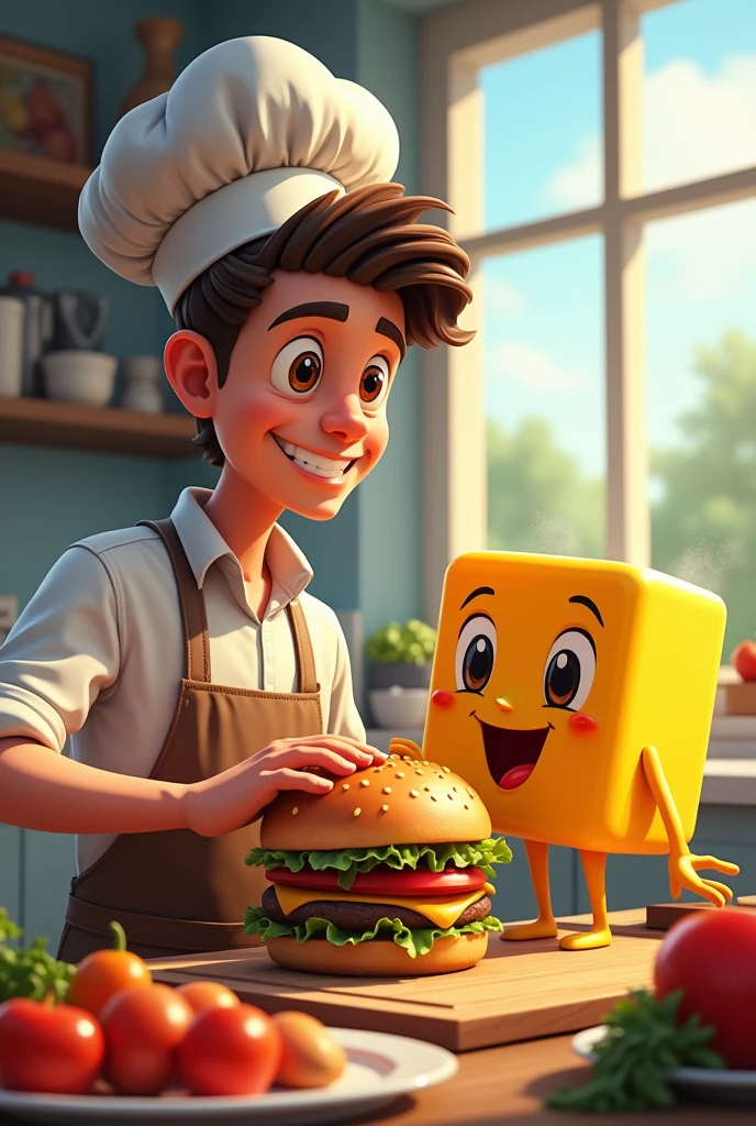 Young man making burger with the character. Bob esponja  