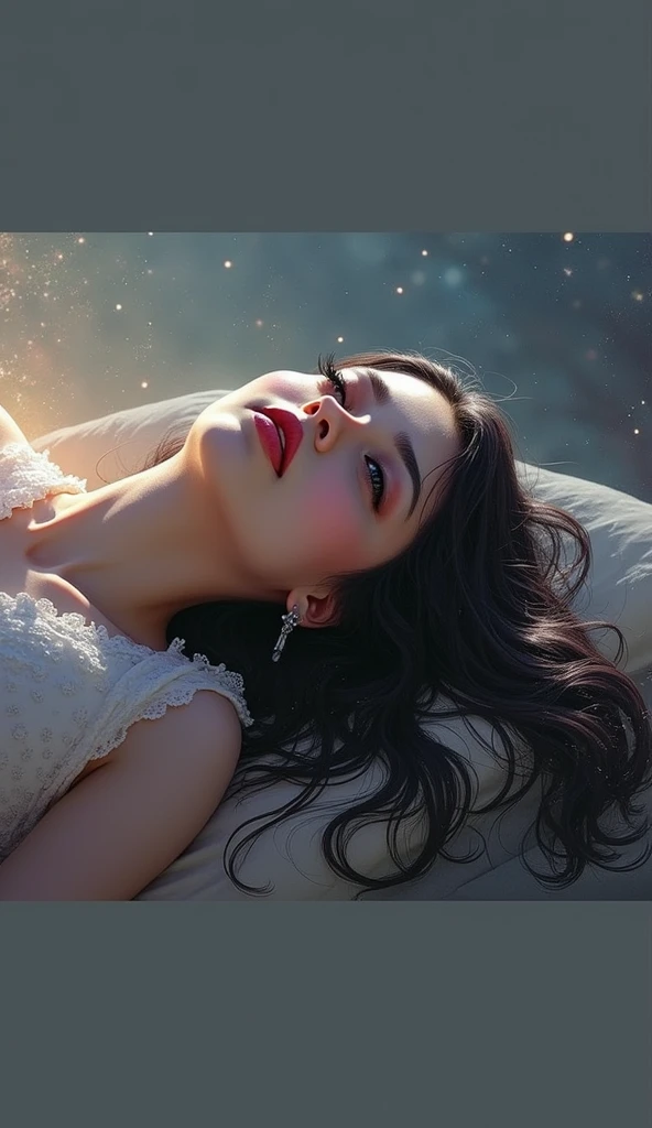 a woman with long dark hair whispering softly, beautiful detailed eyes,beautiful detailed lips,extremely detailed eyes and face,longeyelashes,tender expression,lullaby,warm lighting,high quality,detailed painting,cinematic,dramatic light,dreamlike,muted colors,soothing atmosphere,intricate details,masterpiece,photorealistic