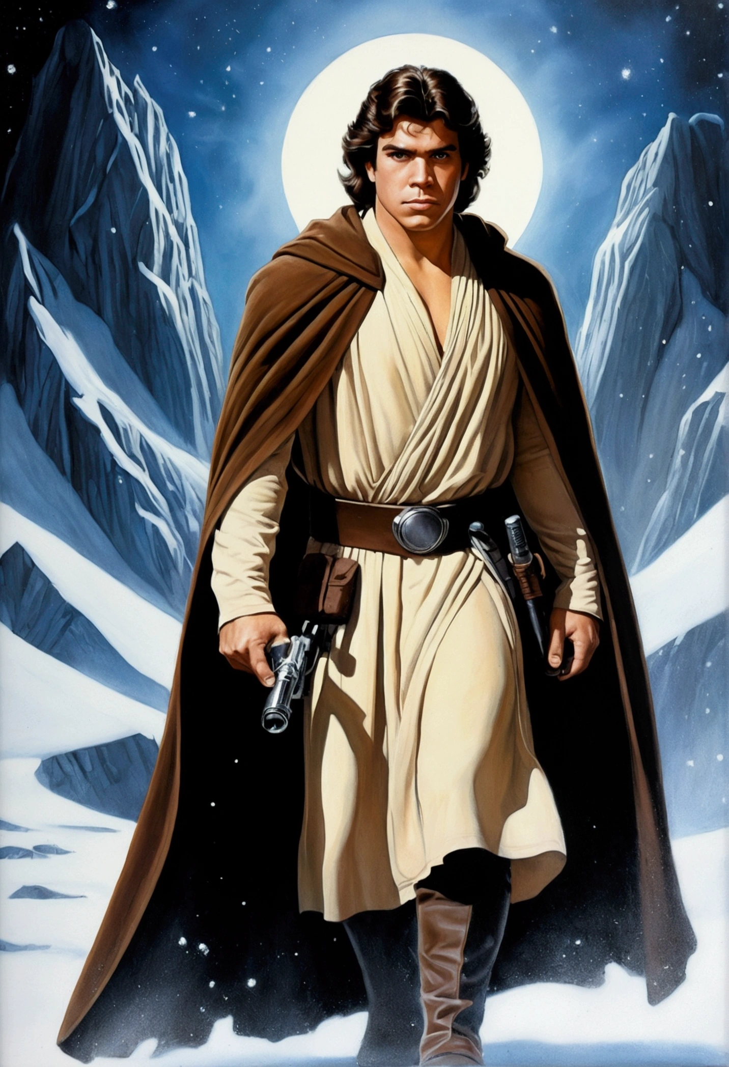 An illustrated movie poster, hand-drawn, full color, a young Jedi, 18-years-old, male, wearing an umbra cloak, portly figure, broad shoulders, muscular, brown eyes, brown-black hair, curly voluminous mane, sun-tanned skin, resembles Lou Ferrigno, hiking through a frozen outpost, graphite shading, stencil marks, airbrushed acrylic paint, masterpiece, in the style of Drew Struzan 