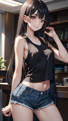 Beautiful black hair,long hair,Straight Hair,high school girl,boyish,Dark Eyes,(Muscular:0.3),tall,(Slim body),(自信に満ちたsmile),smile,Short tank top,Very Short Denim Pants