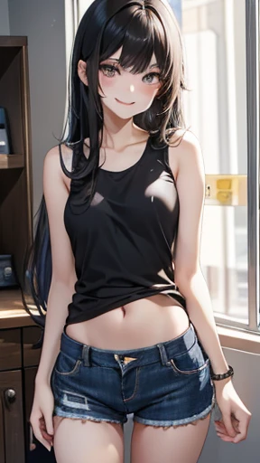 Beautiful black hair,long hair,Straight Hair,high school girl,boyish,Dark Eyes,(Muscular:0.3),tall,(Slim body),(自信に満ちたsmile),smile,Short tank top,Very Short Denim Pants