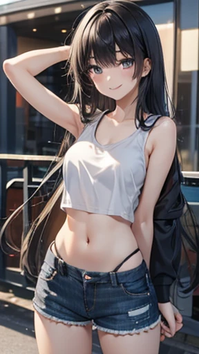 Beautiful black hair,long hair,Straight Hair,high school girl,boyish,Dark Eyes,(Muscular:0.3),tall,(Slim body),(自信に満ちたsmile),smile,Short tank top,Very Short Denim Pants