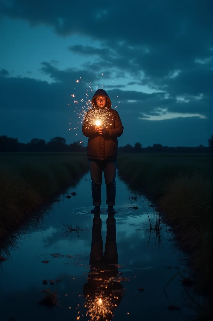 


a mysterious scene of an individual standing in a waterlogged field at night, holding a light source that emits sparks. The person's face is obscured, adding an element of anonymity. The serene yet surreal setting, with a partially clouded night sky and stars peeking through, creates a captivating atmosphere. The contrast between the dark blues of the night and the warm glow from the light is striking and visually compelling.