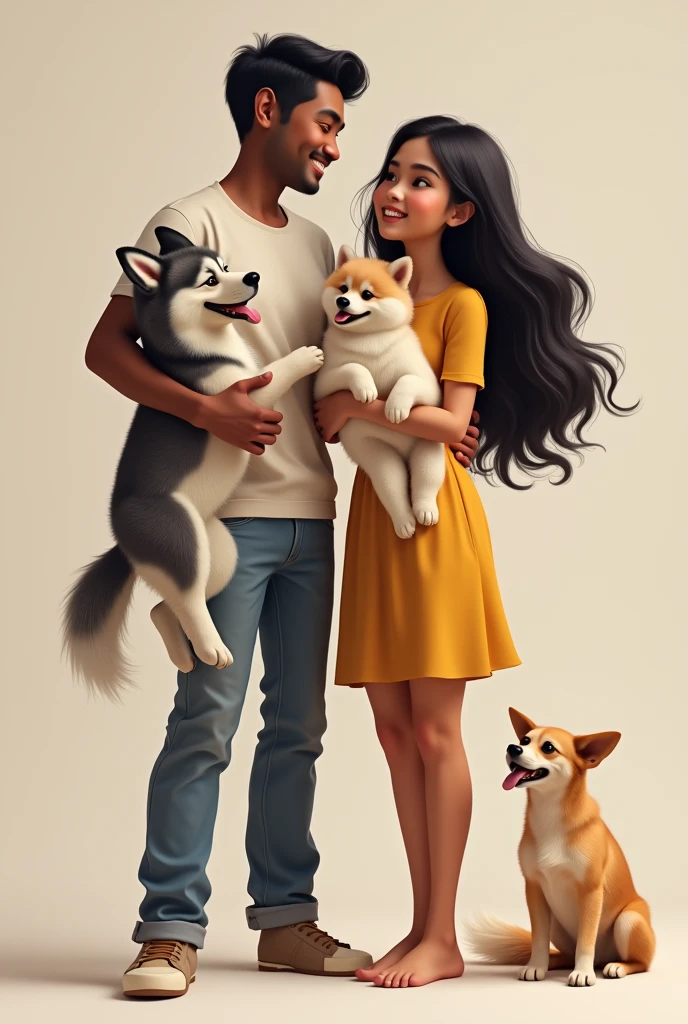 Thin & dark skinned Filipino holding a husky with his light skinned girlfriend with long black hair holding a Pomeranian 