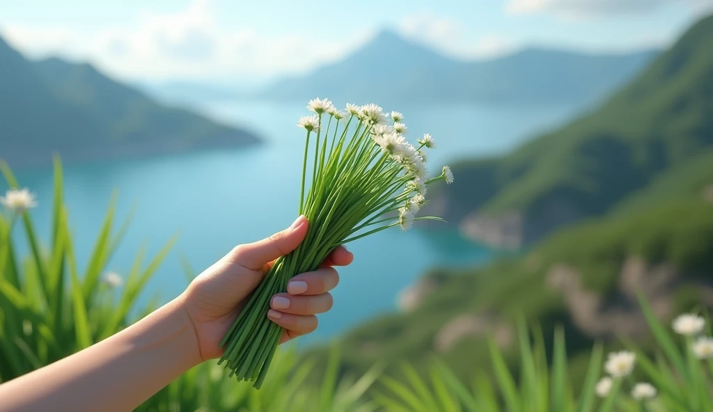 One hand to pick,Chives with green flowers(best quality,4K,8k,High level,masterpiece:1.2),Ultra Detailed,(lifelike,Photo real,Photo real:1.37),Realistic lighting,虚幻引擎4K壁纸,Summer Unreal Engine 5, Beautiful landscape rendering, Mountains and Oceans, Rendered in 8k Unreal Engine,,The most beautiful scenery,Epic shock