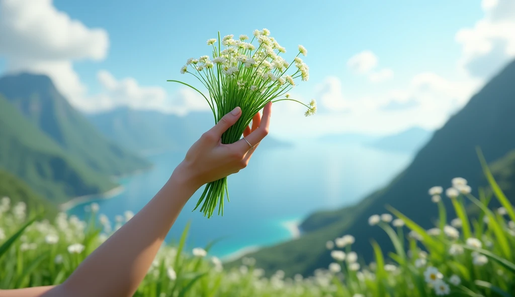 One hand to pick，Chives with green flowers（best quality，4K，8k，High level，masterpiece：1.2），Ultra Detailed，（lifelike，Photo real，Photo real：1.37），Realistic lighting，虚幻引擎4K壁纸，Summer Unreal Engine 5, Beautiful landscape rendering, Mountains and Oceans, Rendered in 8k Unreal Engine,，The most beautiful scenery，Epic shock