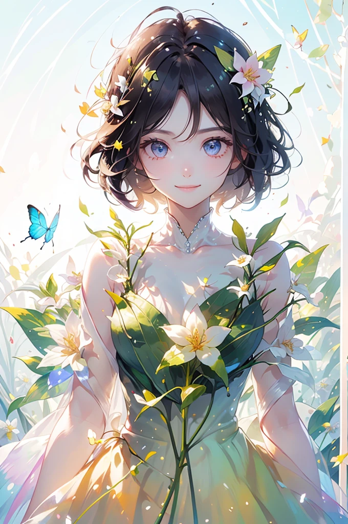(masterpiece、Highest quality、Highest quality、Beautiful and beautiful:1.2)、Excellent anatomy、(Watercolor painting 1.5)、Composition looking up from a low position、Long Shot、Straight short hair picture、Beautiful smile、Butterfly fairy costume、Pure white、Pure、charm、Looking into the camera、Colorful flowers, Flowers and leaves green wind、Botanical Art, Mr.々A pose
