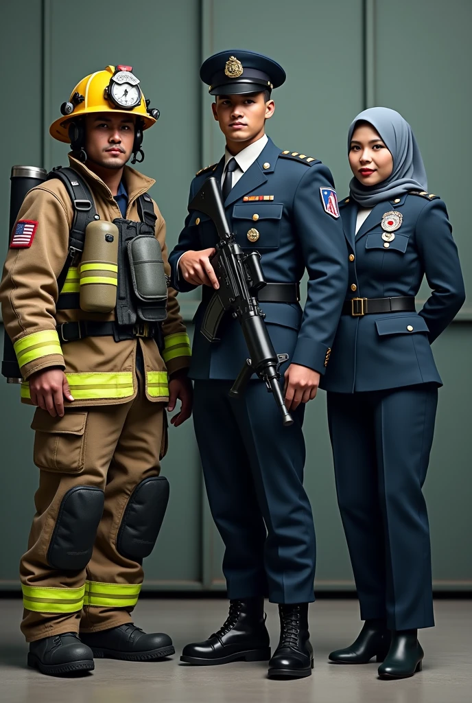 Picture of a male firefighter fully dressed in uniform holding a hose, a fully uniformed and armed male soldier, and a malaysian female police officer wearing a hijab is standing next to him