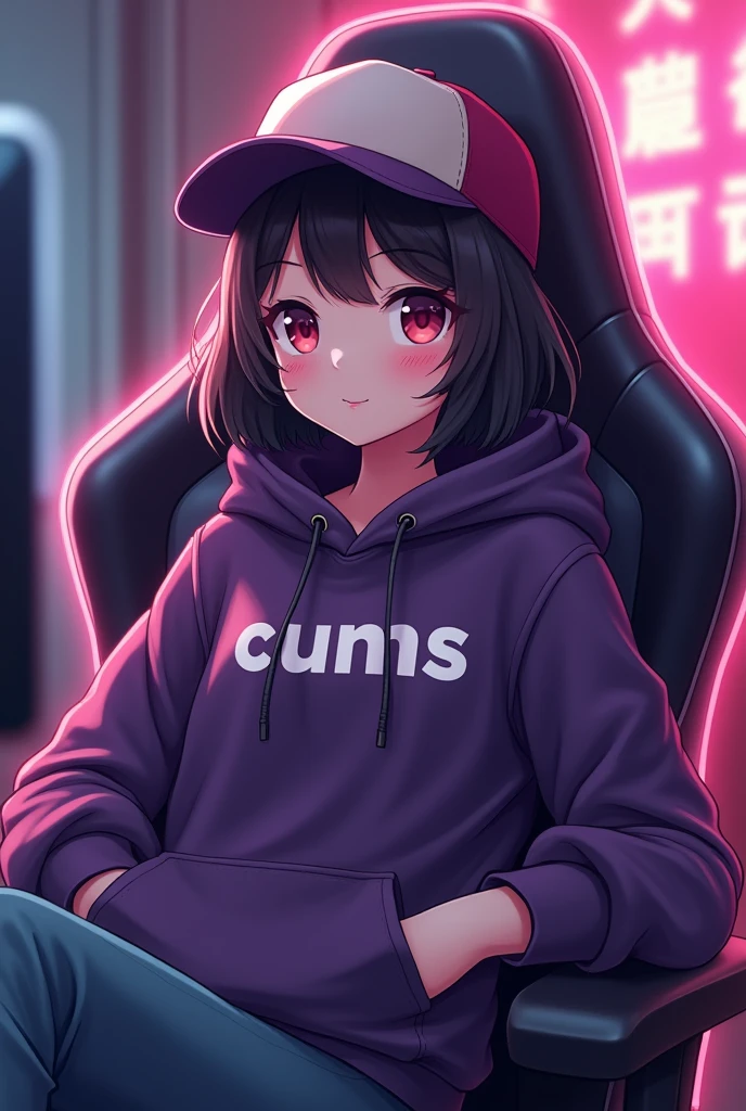 A cute girl , beautiful sitting on a gaming chair wearing a dark purple polite hoddie while wearing a ball cap with a name on the hoddie " Cums "
