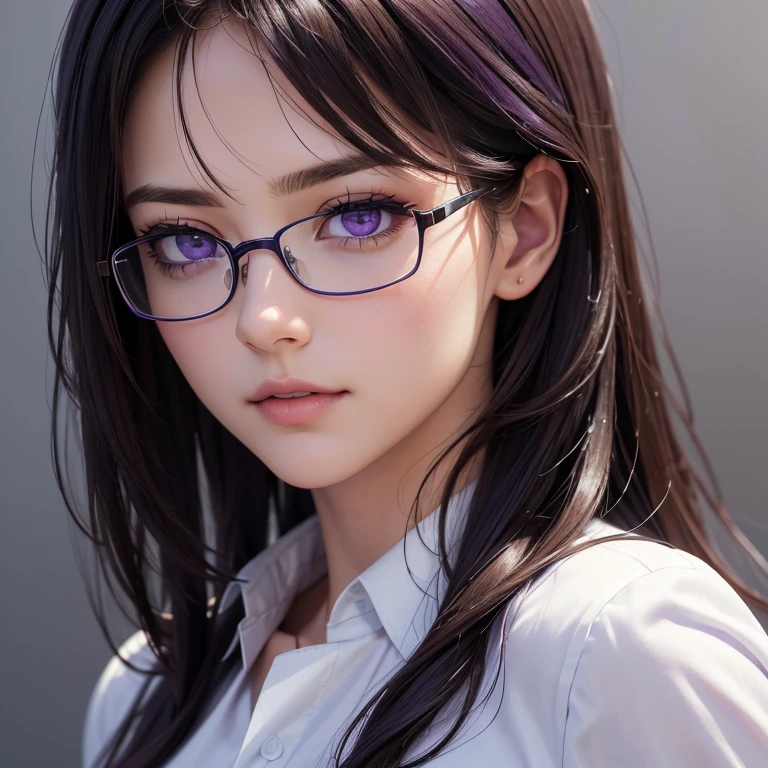 (((Purple Eyes)))、(masterpiece, Highest quality, photoRealistic, High resolution, photograph, :1.3), Extremely close up shot, Sharp focus, 30 year old mature woman、Hot Model, Highly detailed eyes and pupils, Realistic skin, Slim figure, Wavy long hair、Dark brown hair、Glasses、 Delicate and sexy face, Sensual Gaze, Glossy Lips, ((Wearing a white shirt and navy suit))、((Realistic, super Realistic, realism, Realistic detail))、Gray background