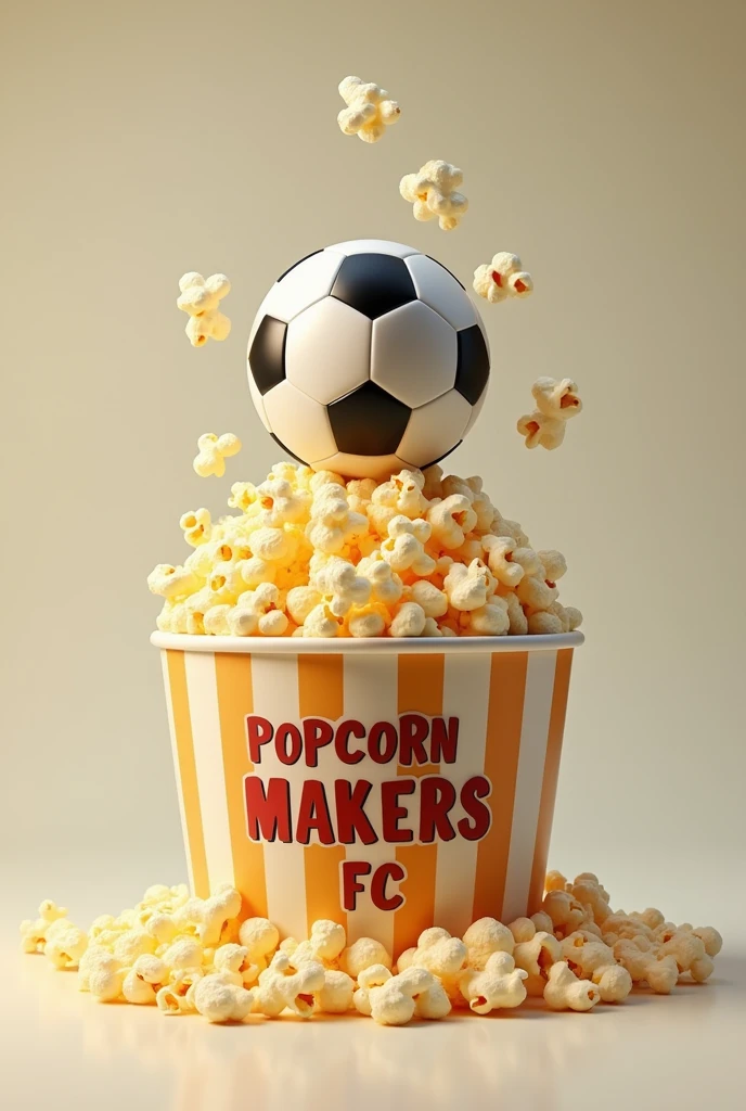 I want a tub of popcorn, with a soccer ball on top, and written popcorn makers fc