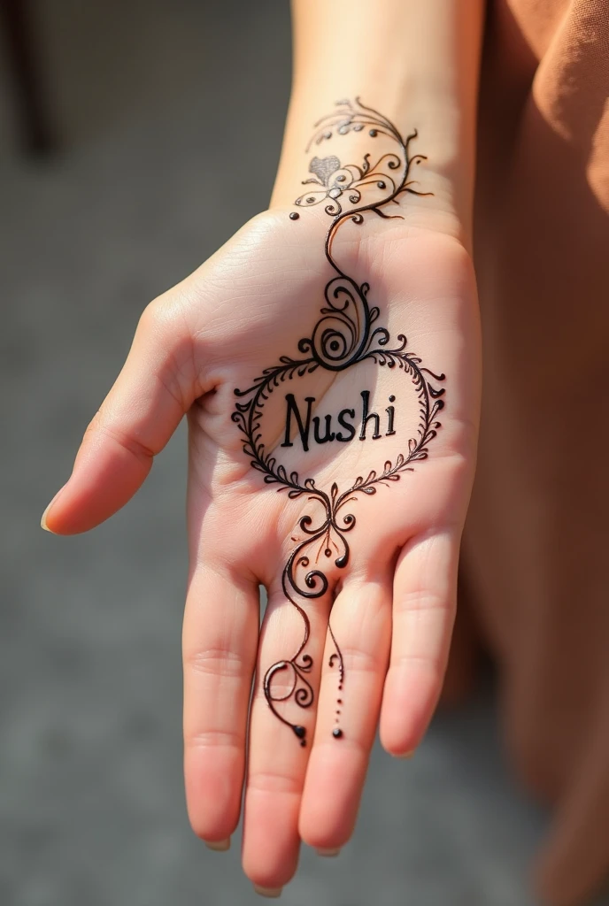Henna design with name nushi in palm