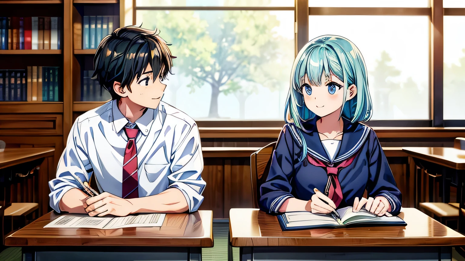 Create an anime-style image set in a bright and cozy library. The scene features two high school students, a boy and a girl, sitting side by side at a wooden desk. Both are wearing traditional Japanese high school uniforms—the boy in a white shirt with a tie and the girl in a sailor-style outfit. They are sitting side by side, with open books spread out on the desk in front of them, studying together. Both students are holding pens, writing something in their notebooks while looking at the books on the desk. They are smiling and enjoying each other's company. The scene is viewed from the front, showing their faces and the warm, soft light illuminating the space, creating a cheerful and pleasant atmosphere. In the background, large windows reveal a clear summer sky with vibrant blue colors, adding to the fresh and lively ambiance of the scene. The bookshelves filled with books further emphasize the library setting.