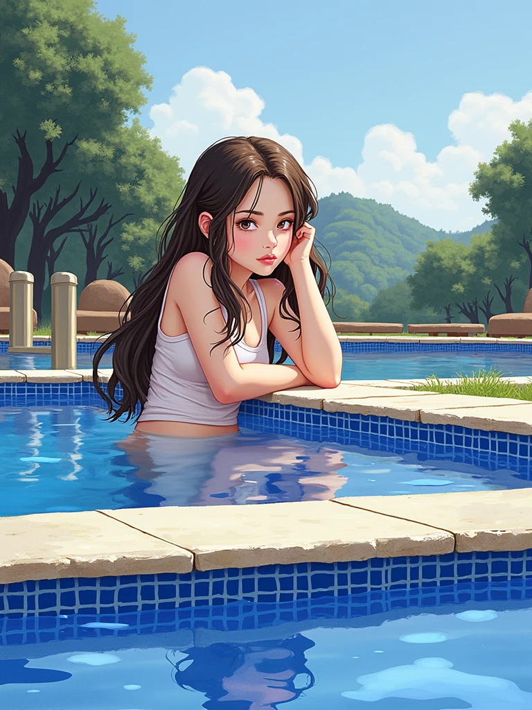 realistic, photo, beautiful, masterpiece, best quality, 1girl, solo, sam yang, full body, laying down in pool, swimmer, 1nude, small breast, 1nude, no clothing, tan line, portrait shot, looking at viewer, detailed face, detailed eyes, detailed hair, partially submerged, outdoor pool, wet skin, wet hair, intricate details, shadow, lighting, ray tracing, high quality water, realistic water, HD, 4k, NSFW