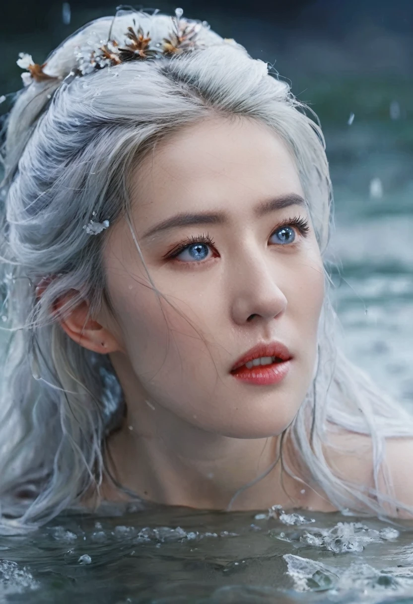 Seven part photos, masterpiece, best quality, Official Art, Extremely detailed CG 8k wallpaper,(Flying petals)(Detailed ice) ,  water晶质感皮肤, Cold expression, White hair, Long hair, Messy hair, blue eyes, Looking at the audience, Extremely refined, water,  ((Beautiful and delicate eyes)), Very detailed, Movie Lighting,((Pretty Face),fine water surface, (Original figure painting), Very detailed, Very detailed,  (Extremely refined), Beautiful and delicate eyes, 