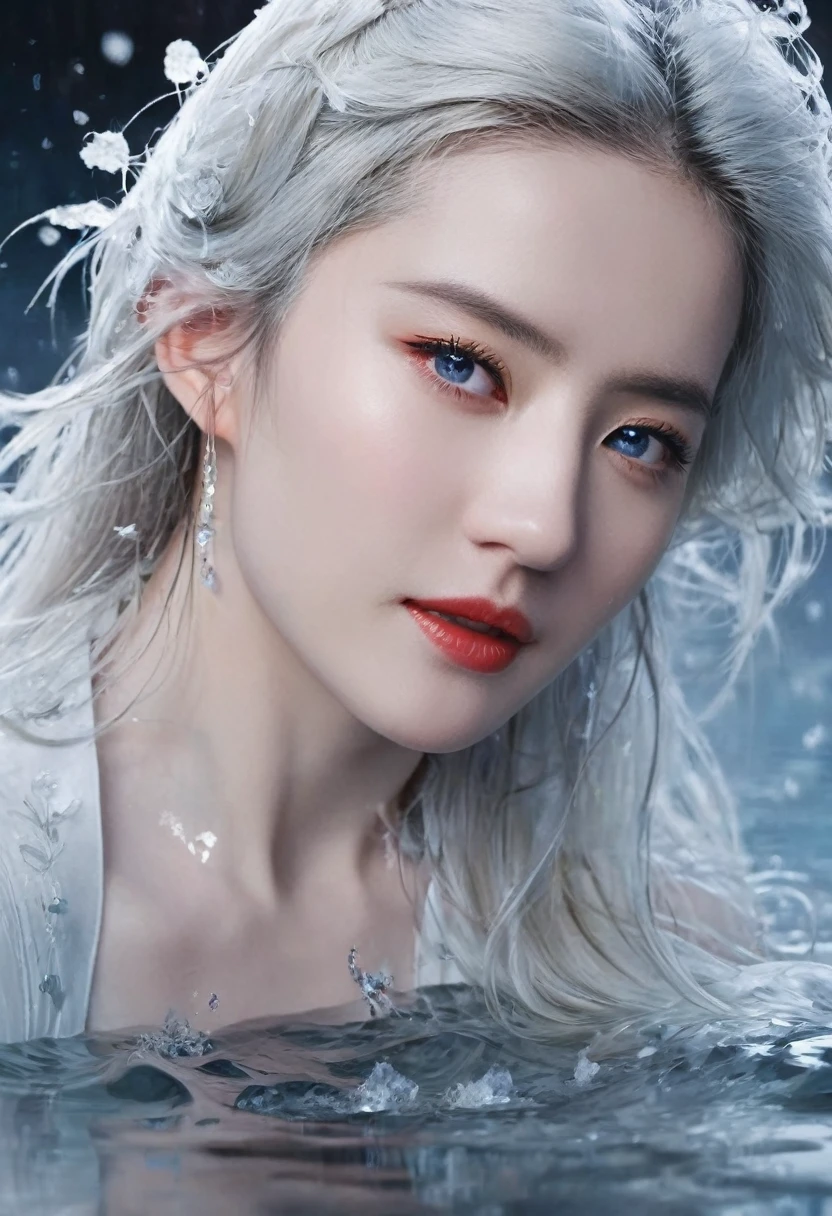 Seven part photos, masterpiece, best quality, Official Art, Extremely detailed CG 8k wallpaper,(Flying petals)(Detailed ice) ,  water晶质感皮肤, Cold expression, White hair, Long hair, Messy hair, blue eyes, Looking at the audience, Extremely refined, water,  ((Beautiful and delicate eyes)), Very detailed, Movie Lighting,((Pretty Face),fine water surface, (Original figure painting), Very detailed, Very detailed,  (Extremely refined), Beautiful and delicate eyes, 