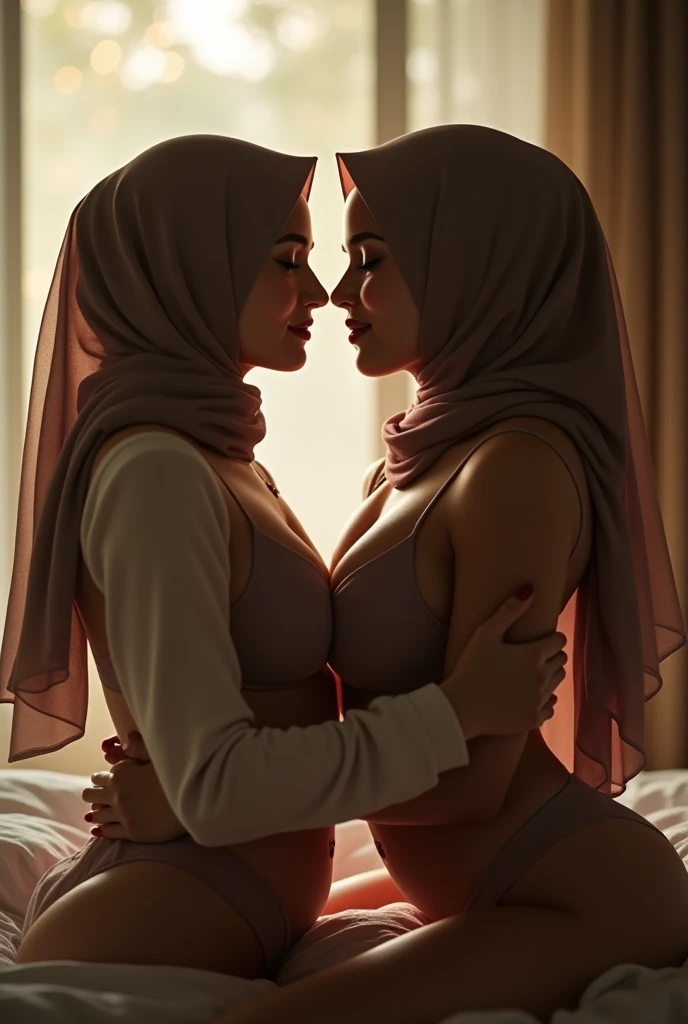 two beautiful teacher hijab indonesian lesbian girl laying down,bra and panties,hugging,french kiss,lesbian sex,view dari jauh 