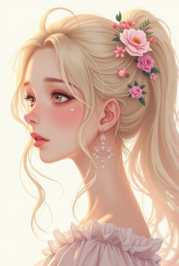 A detailed illustration of a young fair skinned woman with flowing wavy hair, her eyes are expressive and there are hint of pink around them, side shot, her hair has been decorated by floral, charm and floral outfit, delicate eye lashes, blushing cheeks, blend of white, pink, yellow colors,