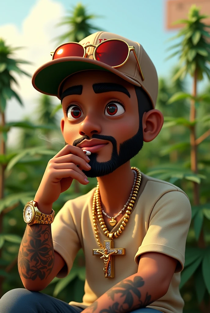 Cartoon character of a black man, tattooed arm, Lacoste cap with sunglasses, gold lenses and Gucci shirt,watch with studded stones,gold chain with jesus christ pendant, smoking a cigarette, in the background a marijuana plantation an animated character, stylized character, animation style rendering, 3d stylized, Arnold Maya rendering, Stylized 3D rendering, toon render screenshot, 3d character, 3d character, Stylized 3D rendering, 3D character rendering, cartoon character, Personagem de close up, character posing, (Pixar-style) (master part:1.2) (bokeh) (best qualityer) (skin detailed) (detailed texture) (8k) (Argilla) (cinematic lighting) (sharp focus，Sit down and lift your upper body