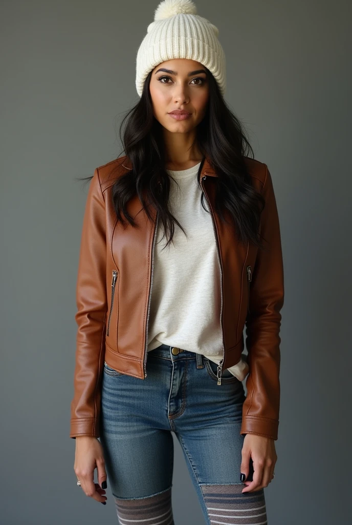 beautiful latin woman, standing straight facing forward, with brown leather jacket, denim jeans pants, white beanie hat, on a greyish background, cotton t-shirt texture, fitted t-shirt, round neck, striped tights. Medium camera shot.