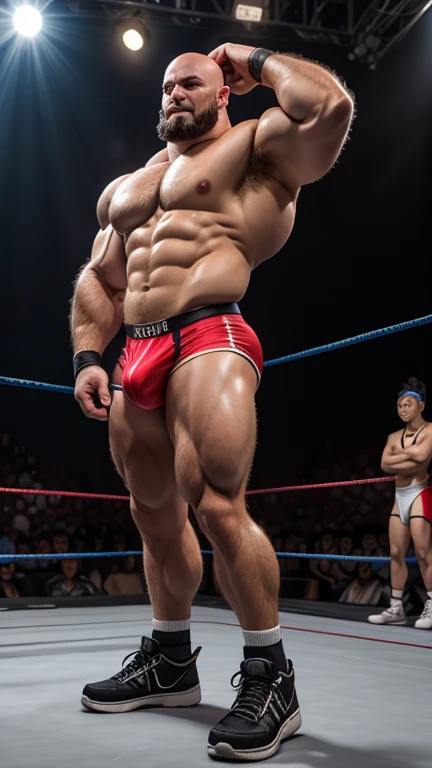 太った上半身裸のJapaneseの男性レスリング選手が立っている。
Thick muscles。thick limbs。Bald head。No beard。
太ったJapaneseの男性レスリング選手は、Wearing only a red jockstrap。bulge。大きなbulge。
太ったJapaneseの男性レスリング選手は、Wearing white ring shoes。
whole bodyが見えるStanding posture。The background is professional wrestling。
左右対称の整ったJapaneseの顔。Japaneseの穏やかな表情。
Low - Angle。Standing posture。whole body。Japanese。bulge。
Highest quality。Entirely in sharp focus、Highest photo quality。Photorealistic。