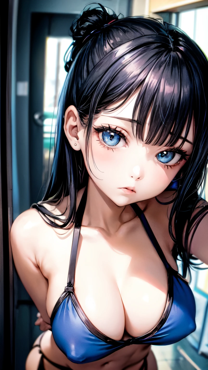The image is an illustration of a young woman bending over with her back to the camera. She is wearing a blue bikini top and black leggings. Her body is turned to the side, with her head tilted back and her eyes looking up at the viewer. The background is blurred, but it appears to be a room with a window and a door. There is a speech bubble above the woman's head that reads "I love you". The overall mood of the image is playful and sensual.