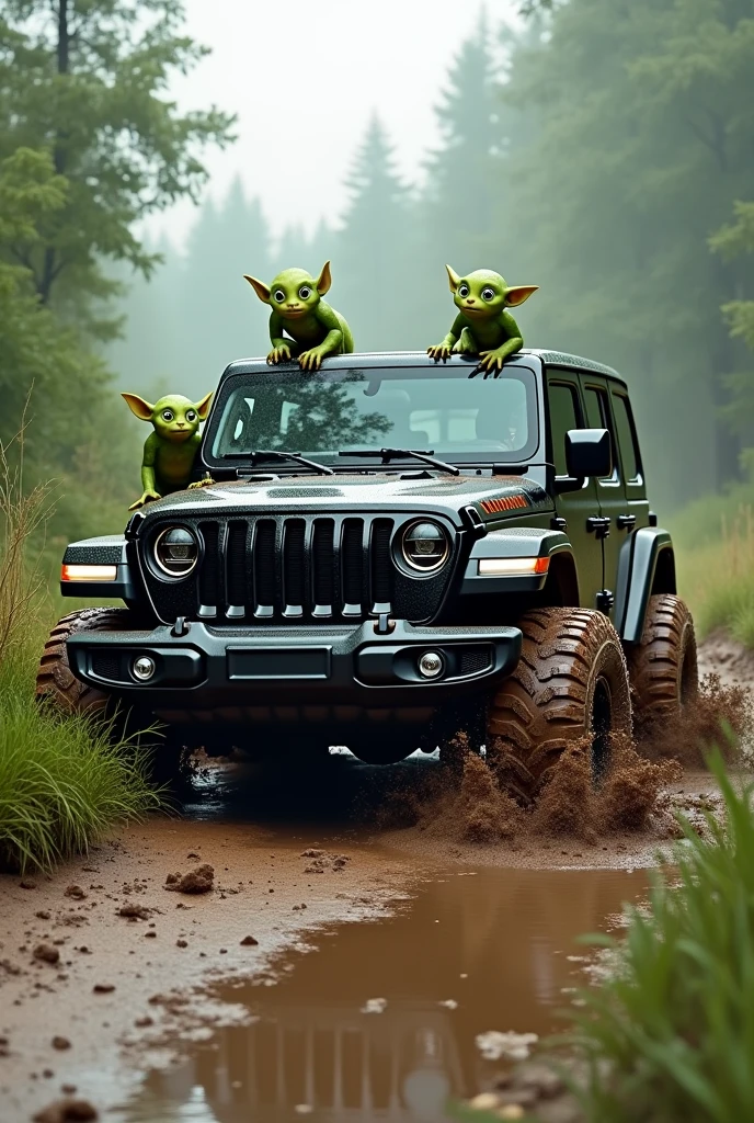 Black jeep wrangler in the mud with green goblins