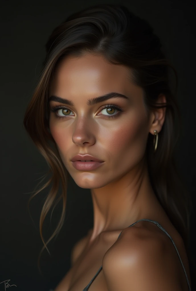 make a woman's face, dark, sexy, attractive, realistic, with perfect features and as beautiful as possible, and with her hair back without covering any part of her face