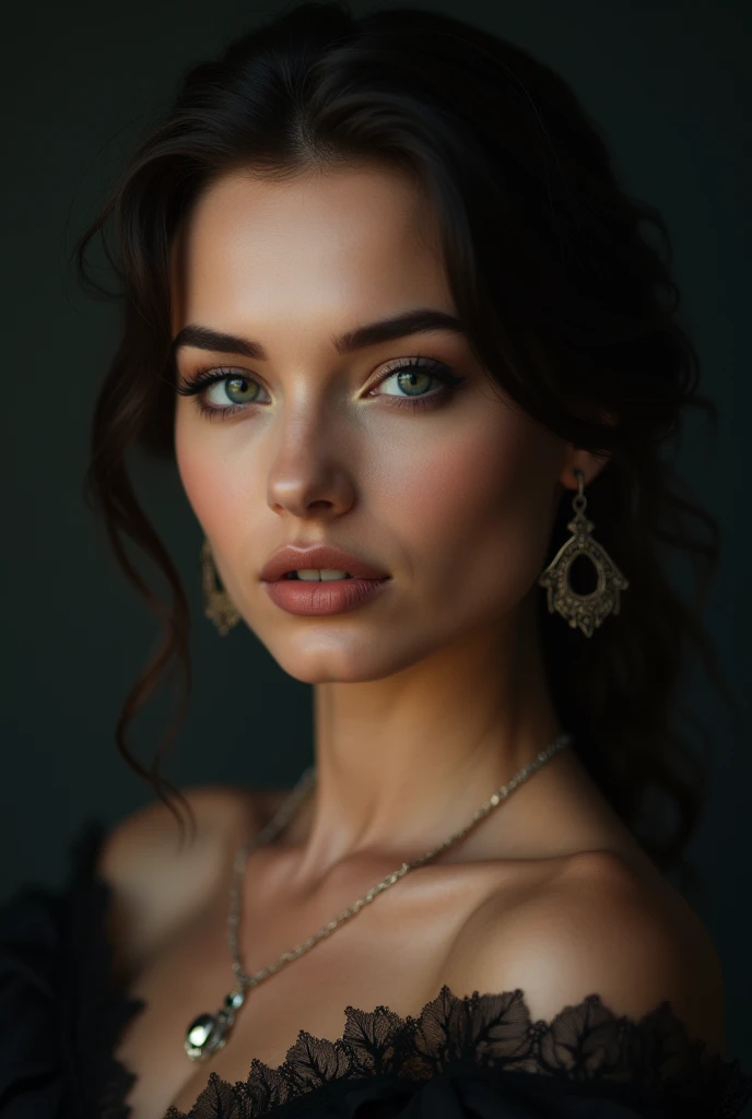 make a woman's face, dark, sexy, attractive, realistic, with perfect features and as beautiful as possible, and with her hair back without covering any part of her face