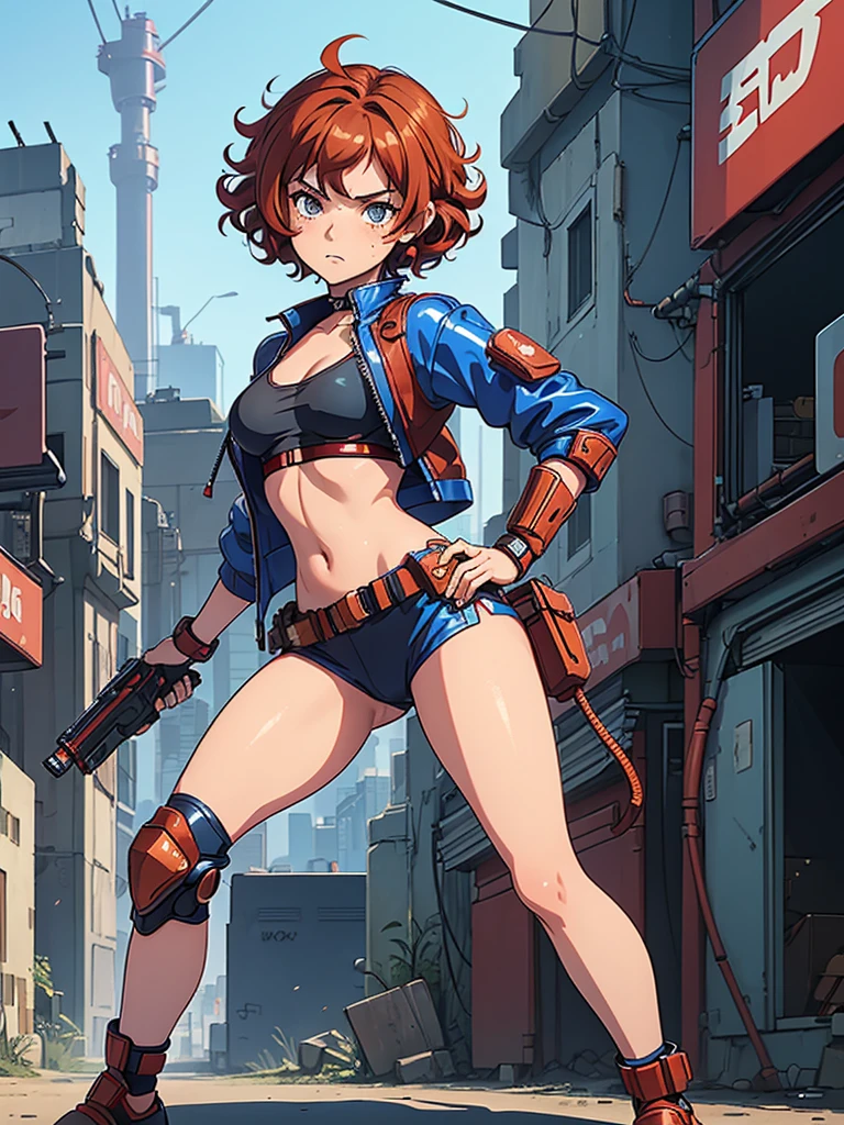 (masterpiece), (best quality),(1 girl),adult, red copper hair,(brown eyes),curly hair,(short curly hair), anime style, freckles, (small breasts),(petite figure), (blue outfit),(cyberpunk clothes)),(battle outfit),(badass outfit),legs, desert background