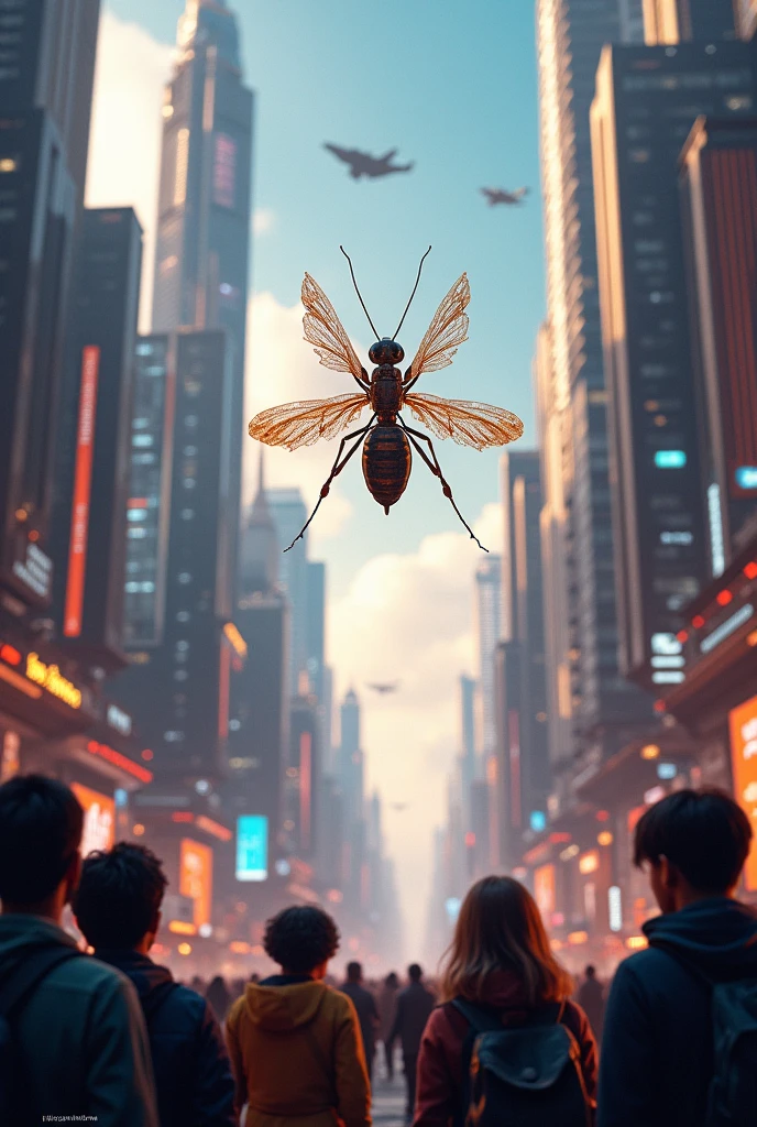 One ant is flying in sky at cyber city town people are looking up to ant