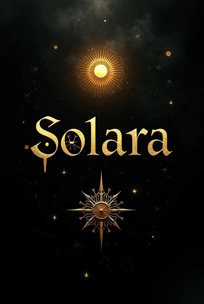 
generate the cover of a supernatural book written solara in gold color on the cover with the main background color being black 