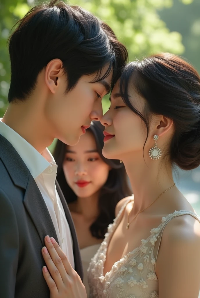 Two handsome twin men and three women in love with them, These people are Korean and they are about 2. It is for the cover of a romantic - dramatic work. Let the image be realistic, there are five people