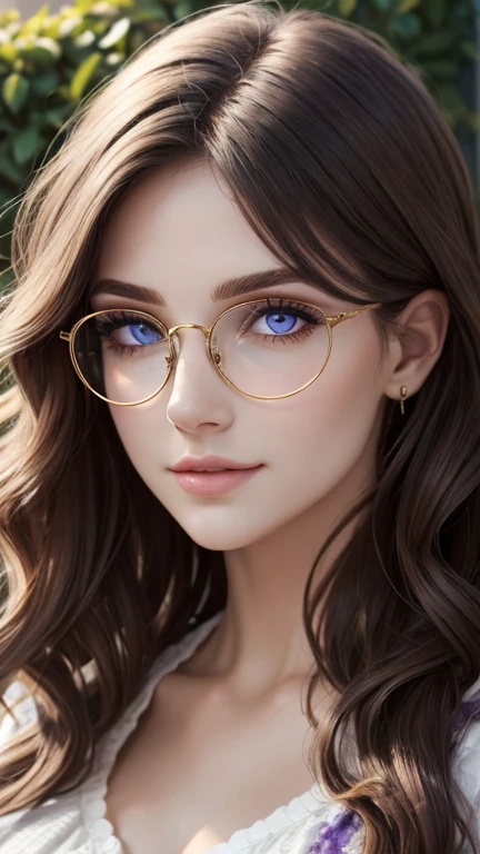 Wear glasses,Gold frame round glasses, Wavy Hair、Very cute face、Long Hair、Soft Light,Sparkling eyes,Purple Eyes、Captivating beauty、Attractive adult woman、Beautiful woman、Ultra-high resolution, Realistic,garden、