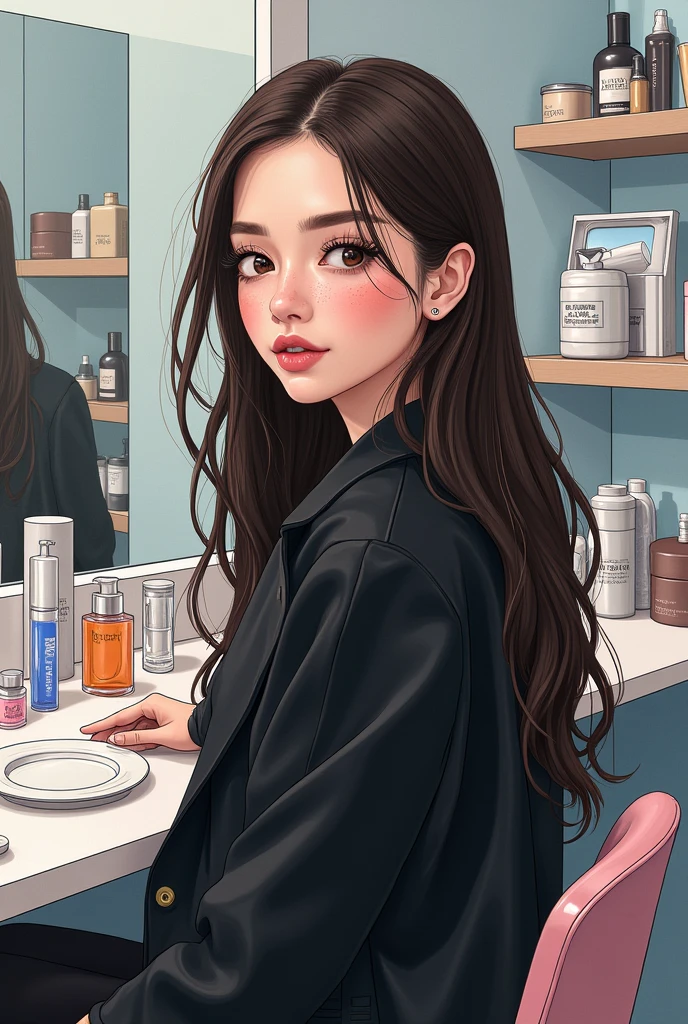 for cover, black colors,whites,nudes and sky blue. a space where beauty classes are held where hair dryers are seen,plates,scissors, enamels with a super realistic lady not like a cartoon of cinnamon teas with long dark brown coocho hair, long face, slightly highlighted cheekbones, thin eyebrows,splattered nose, big dark brown eyes,small, pink lips on the sound sitting or with her back turned with a black coat where the woman's things were more visible