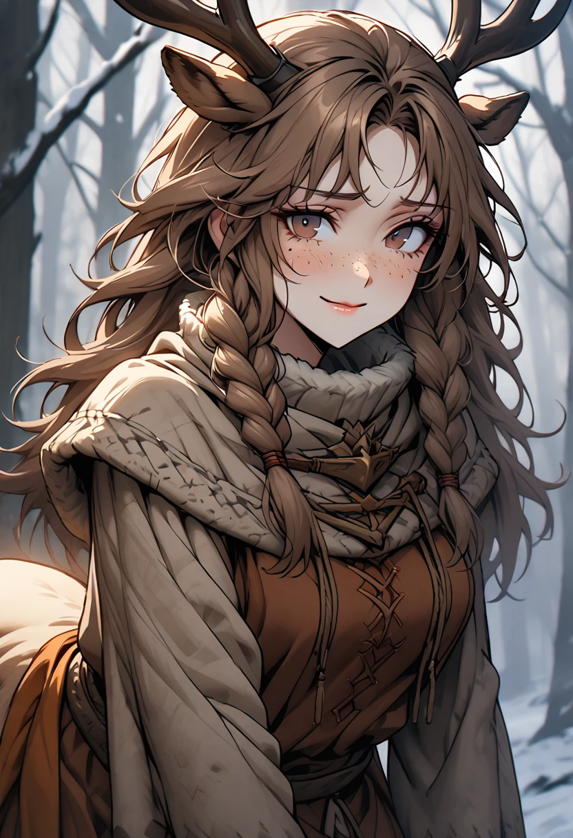 Solo, female, close up, long brown hair, wild hair, deer antlers, huge woman, brown eyes, cape and winter clothes, winter, forest, freckles, shy smile, shy pose, ((deertaur)), villager clothes, medieval, deer body, deer lower body, lugagge, braids