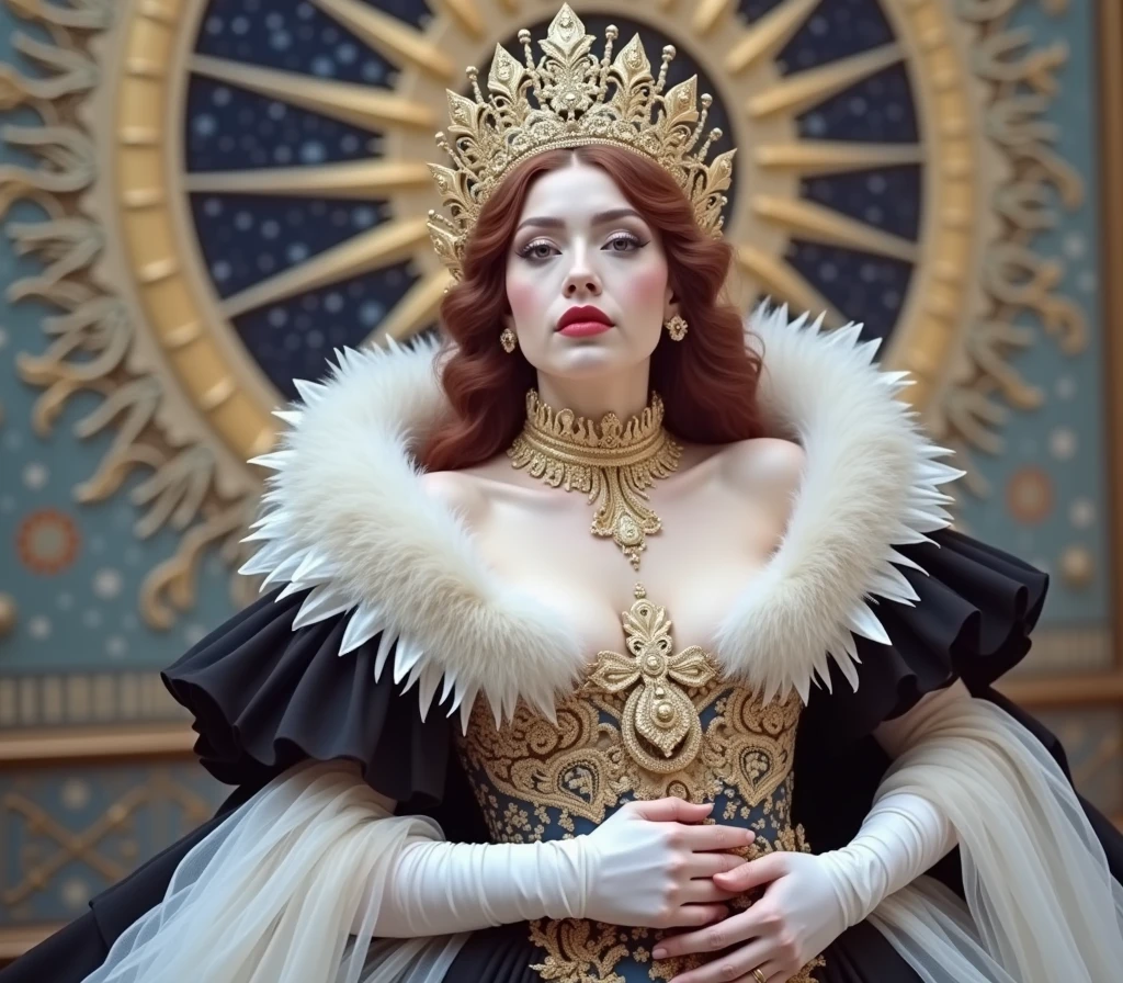 Top quality, realistic, very delicate and beautiful, RAW photos, professional lighting, face lighting, depth of field, single focal, whole body, 1 woman, a beautiful omnipotent divine mother goddess of all creation, floating in galaxy, wearing puffy wide extra billowing ballgown, with golden divine halo circle behind back, best quality, masterpiece, beautiful, detailed face, looking at viewer, lipstick, transparent flowing veil, giant round crown