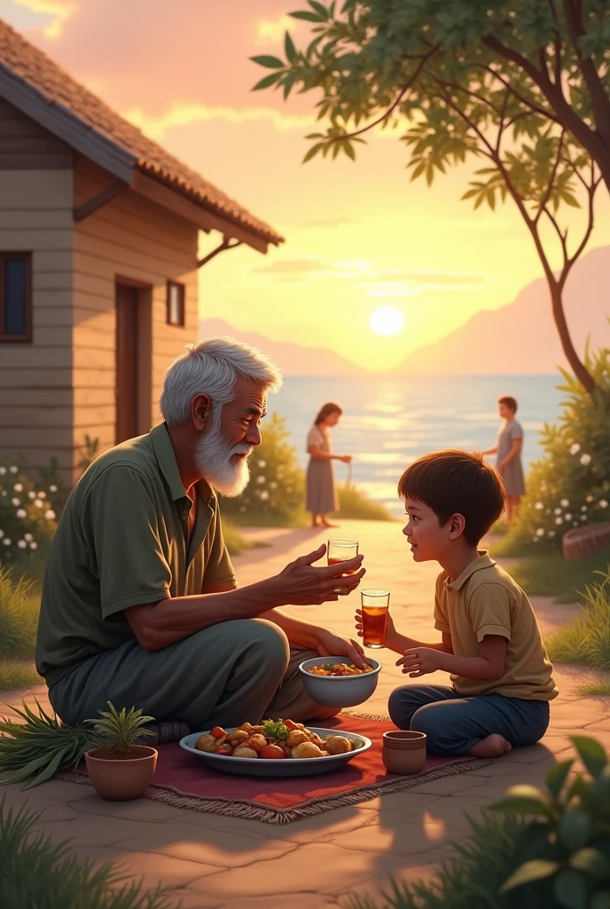 Farmer on village life on kid sit with grandfather and eat a food with family and drink a water night and sea sunset on background people 